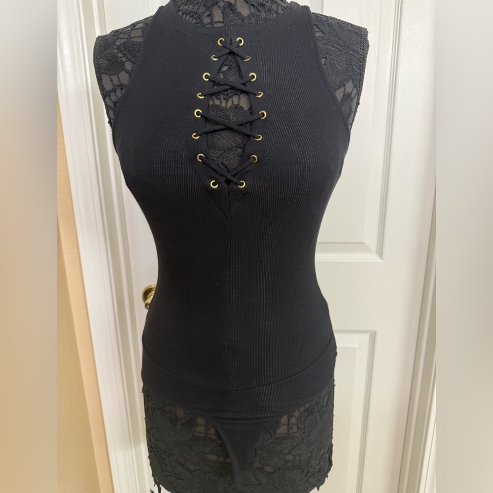 Black Lace-Up Bodysuit Top